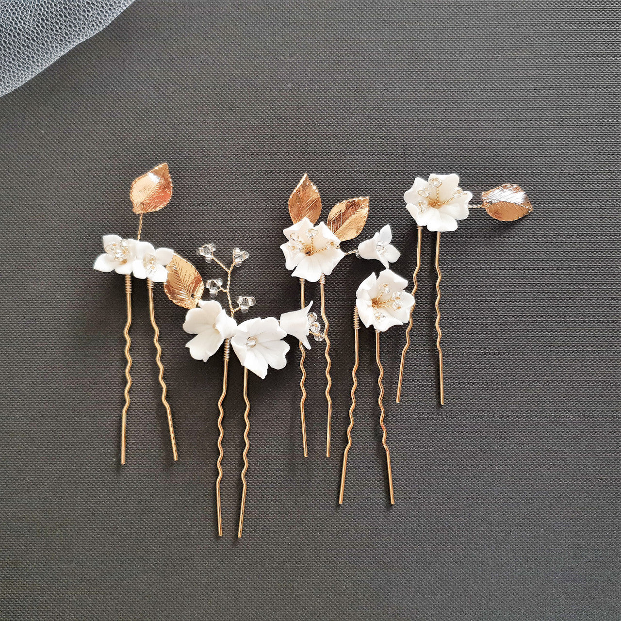 Gold Wedding Hair Pins with White Flowers 5 Pcs Set Poetry Designs