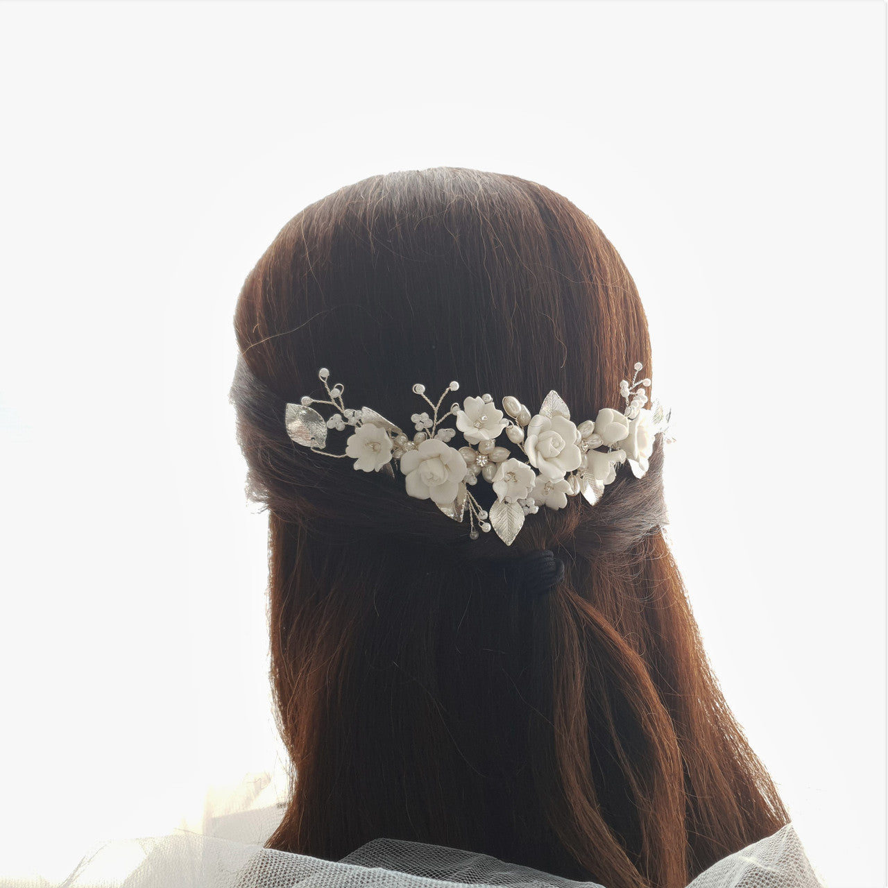 White Flower Bridal Hair Piece with Double Hair Comb for Brides