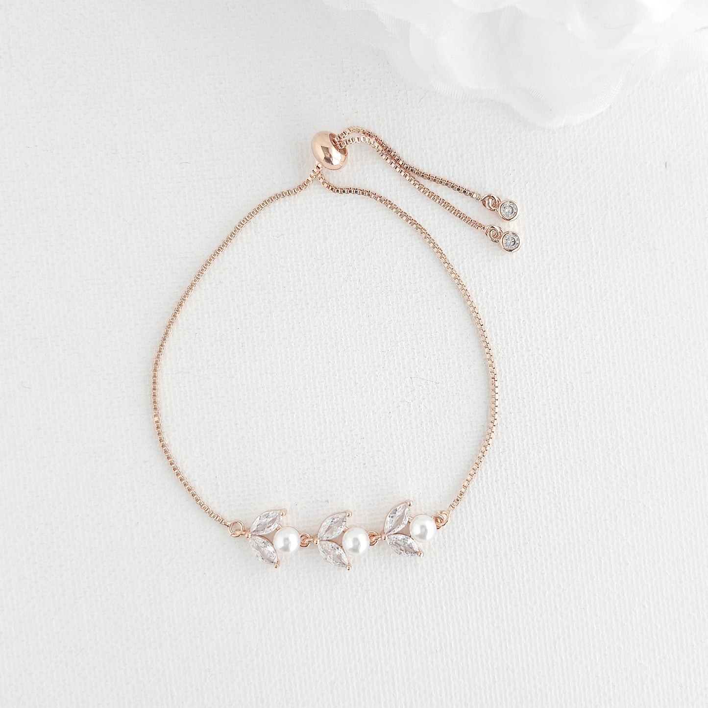 Silver CZ Leaf and Pearl Bracelet-Leila