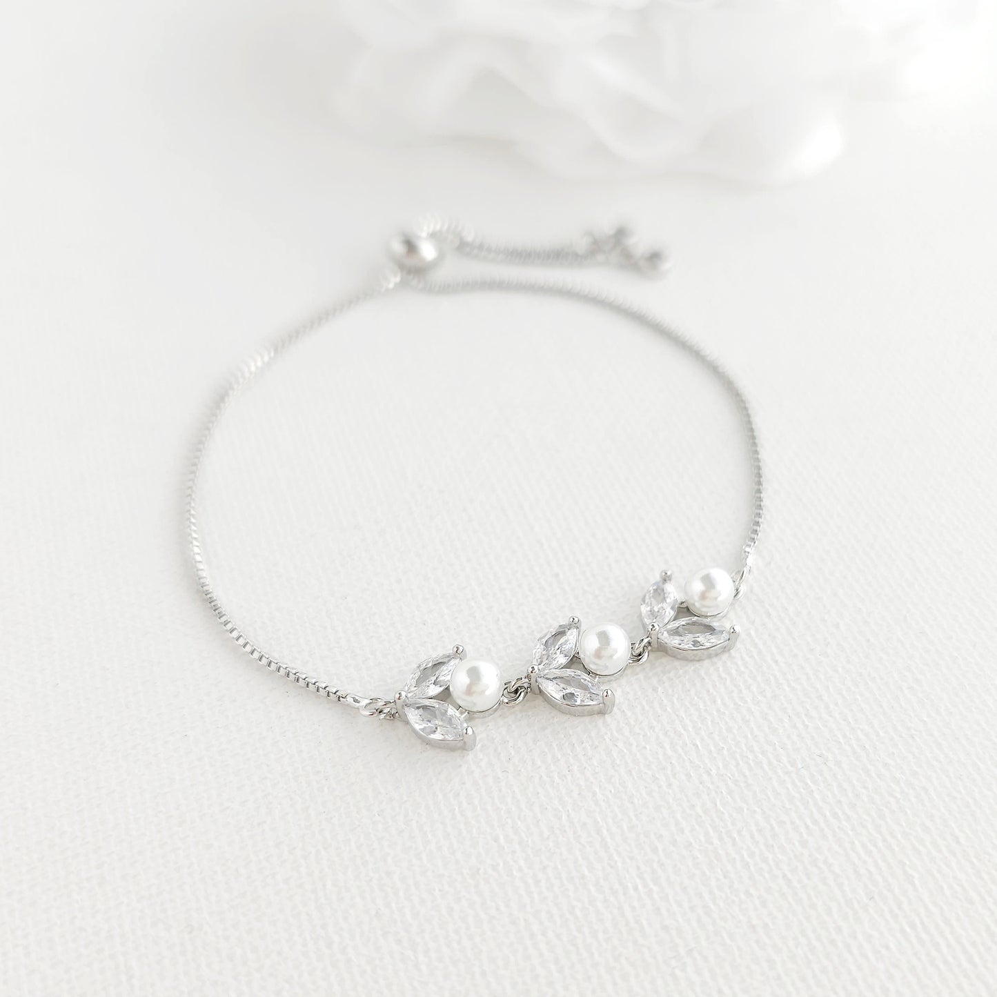 Silver CZ Leaf and Pearl Bracelet-Leila