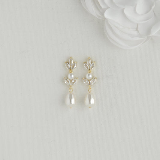 Pearl Drop Earrings in Gold for Weddings-Leila