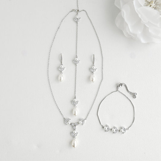 Simple Bridal Jewellery Set-3 Pcs- Silver & Pearl- Leila