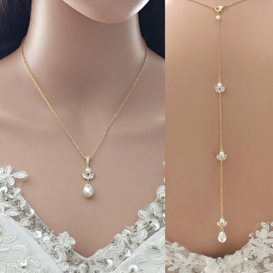 Simple Wedding Pearl Pendant Necklace with Backdrop in Gold-Leila