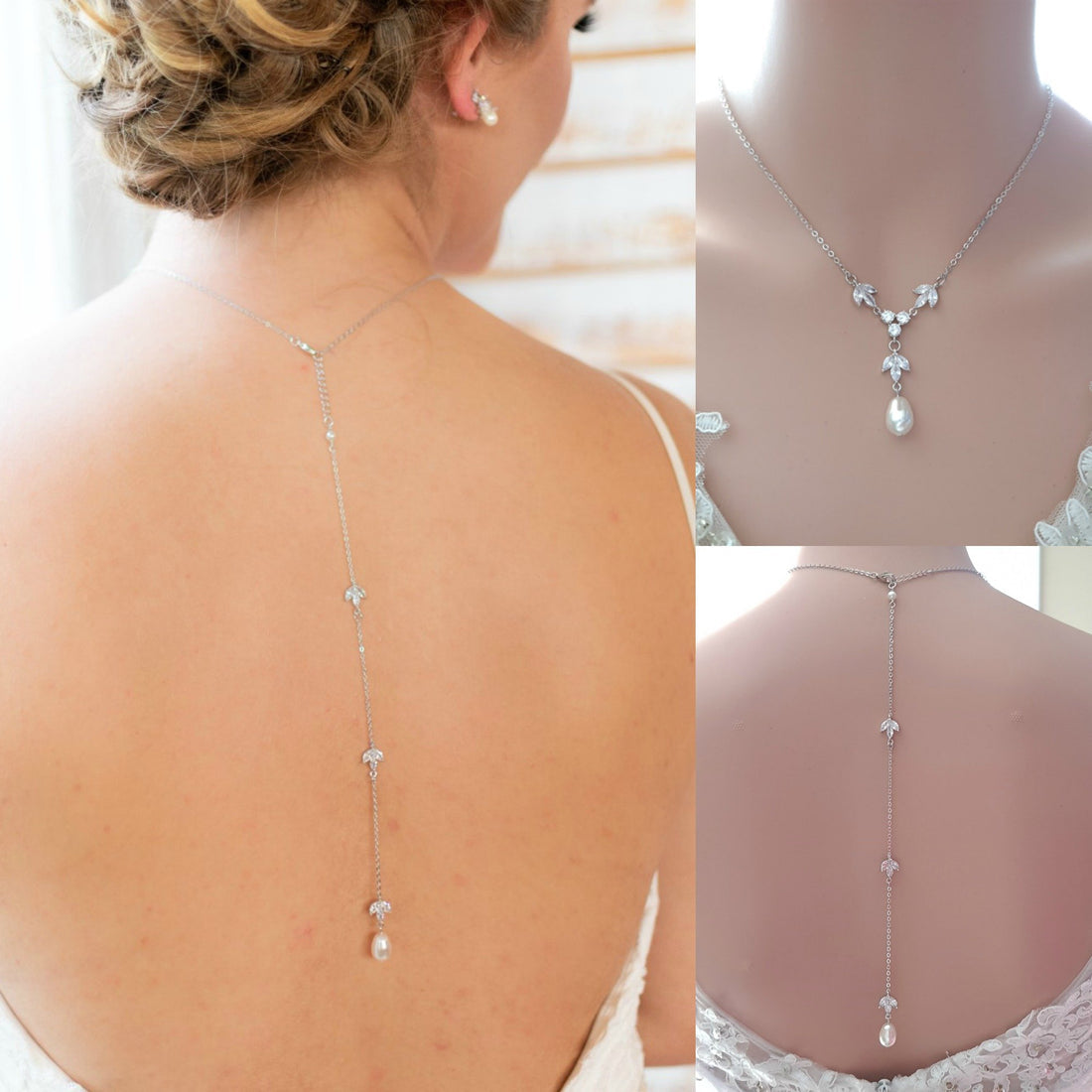 Leaf & Pearl Detachable Backdrop Necklace-Leila