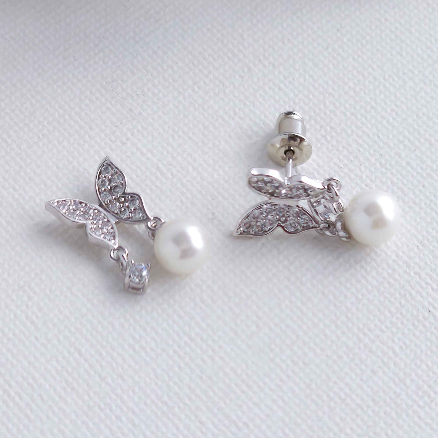 Butterfly Earrings with Pearl and CZ Drops-Sofia