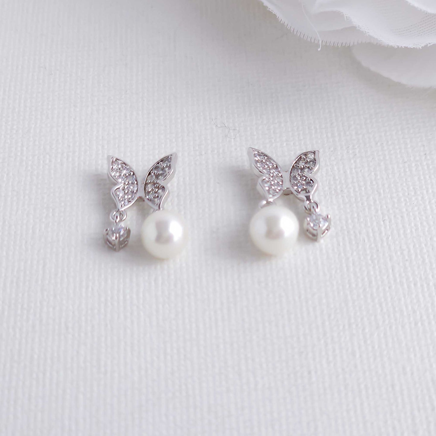 Butterfly Earrings with Pearl and CZ Drops-Sofia