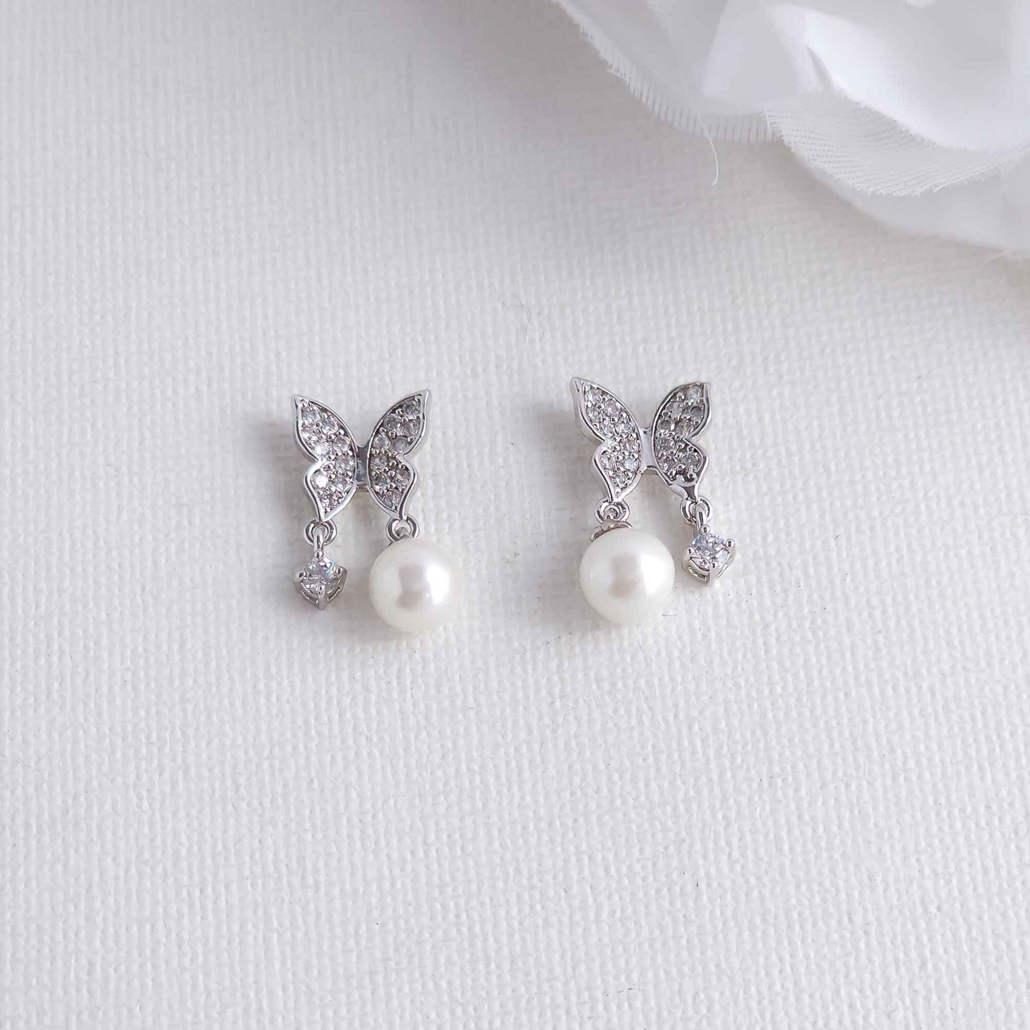 Butterfly Earrings with Pearl and CZ Drops-Sofia