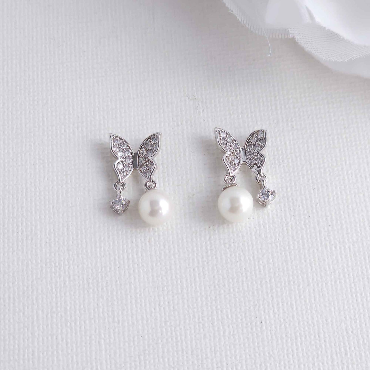 Butterfly Earrings with Pearl and CZ Drops-Sofia