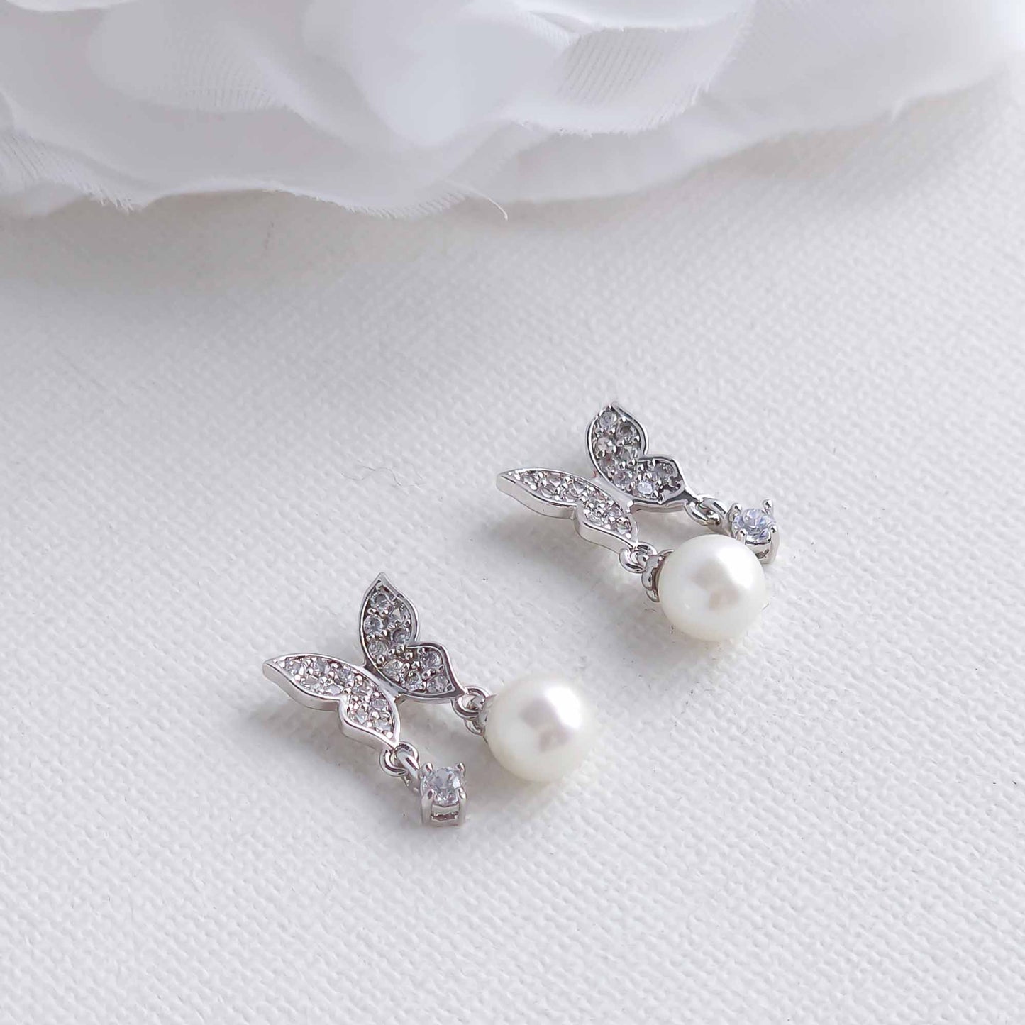 Butterfly Earrings with Pearl and CZ Drops-Sofia