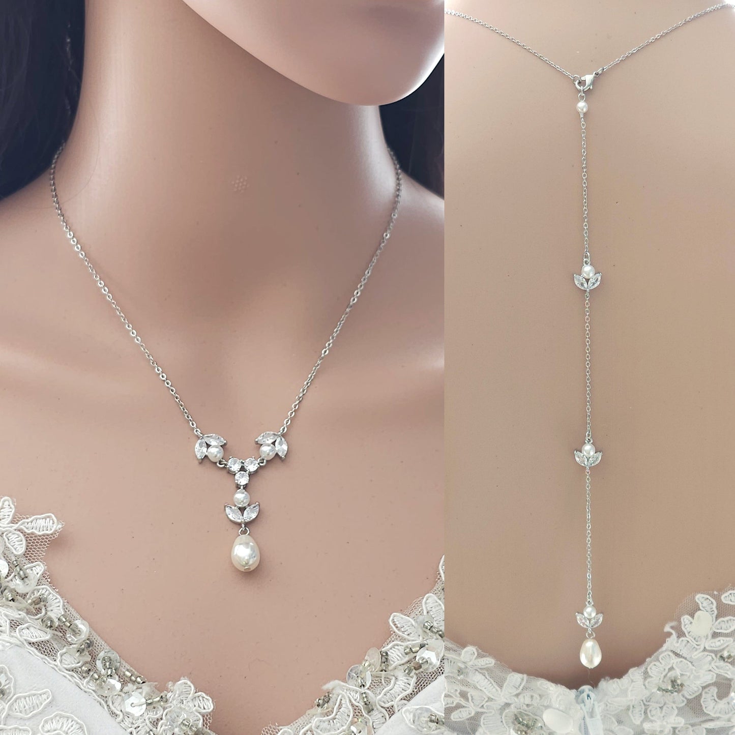 Leaf & Pearl Detachable Backdrop Necklace-Leila