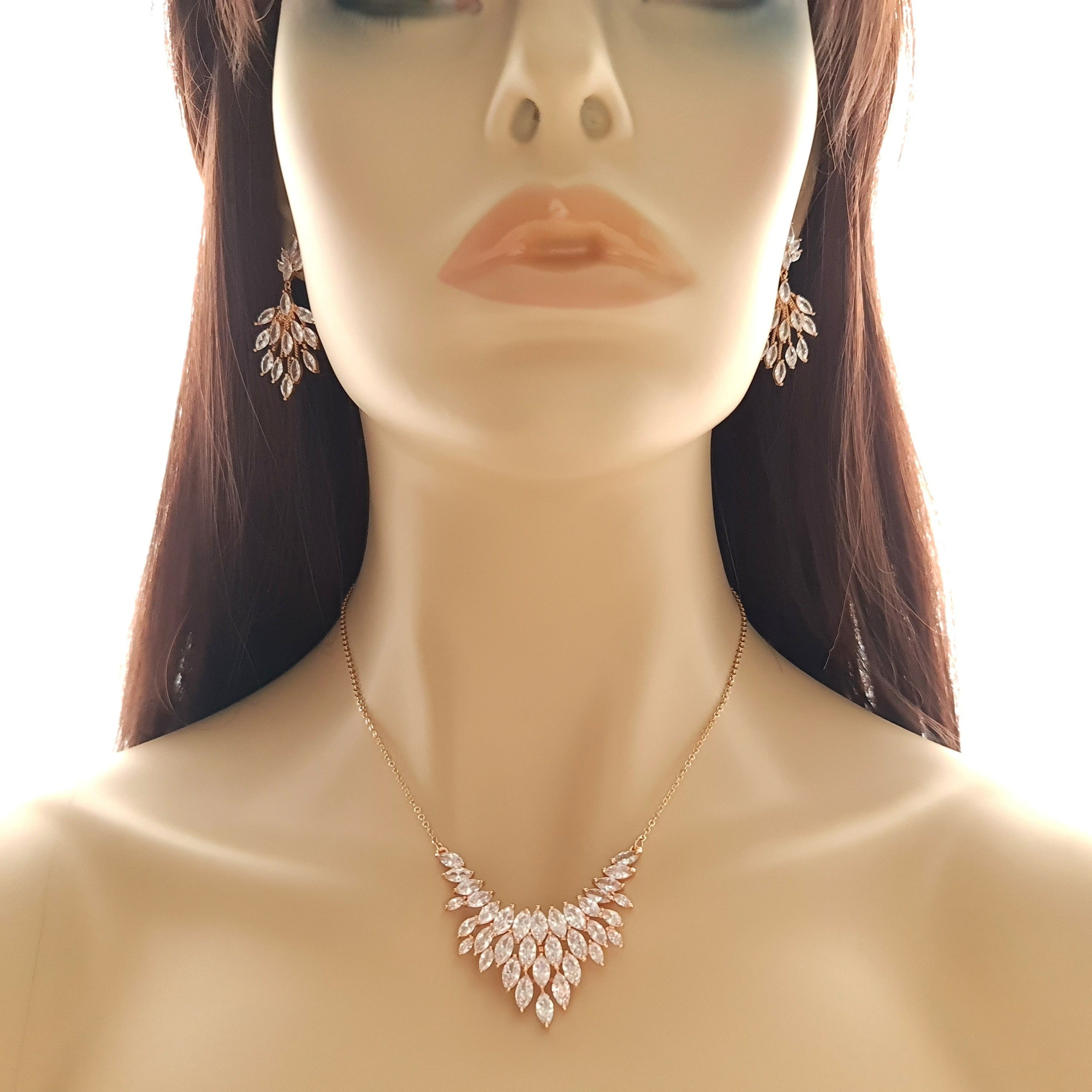 V Shaped Marquise Cluster Necklace in Rose Gold for Brides Women