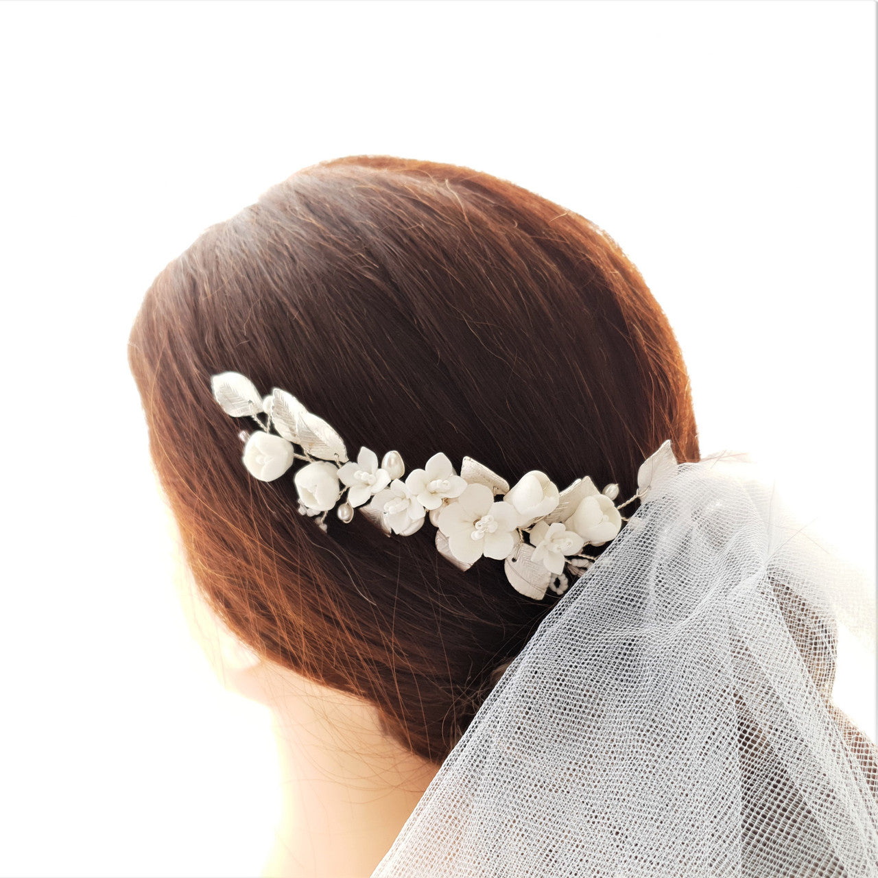 Bridal Hair Comb with Small White Flower Rose Gold Leaf Gold