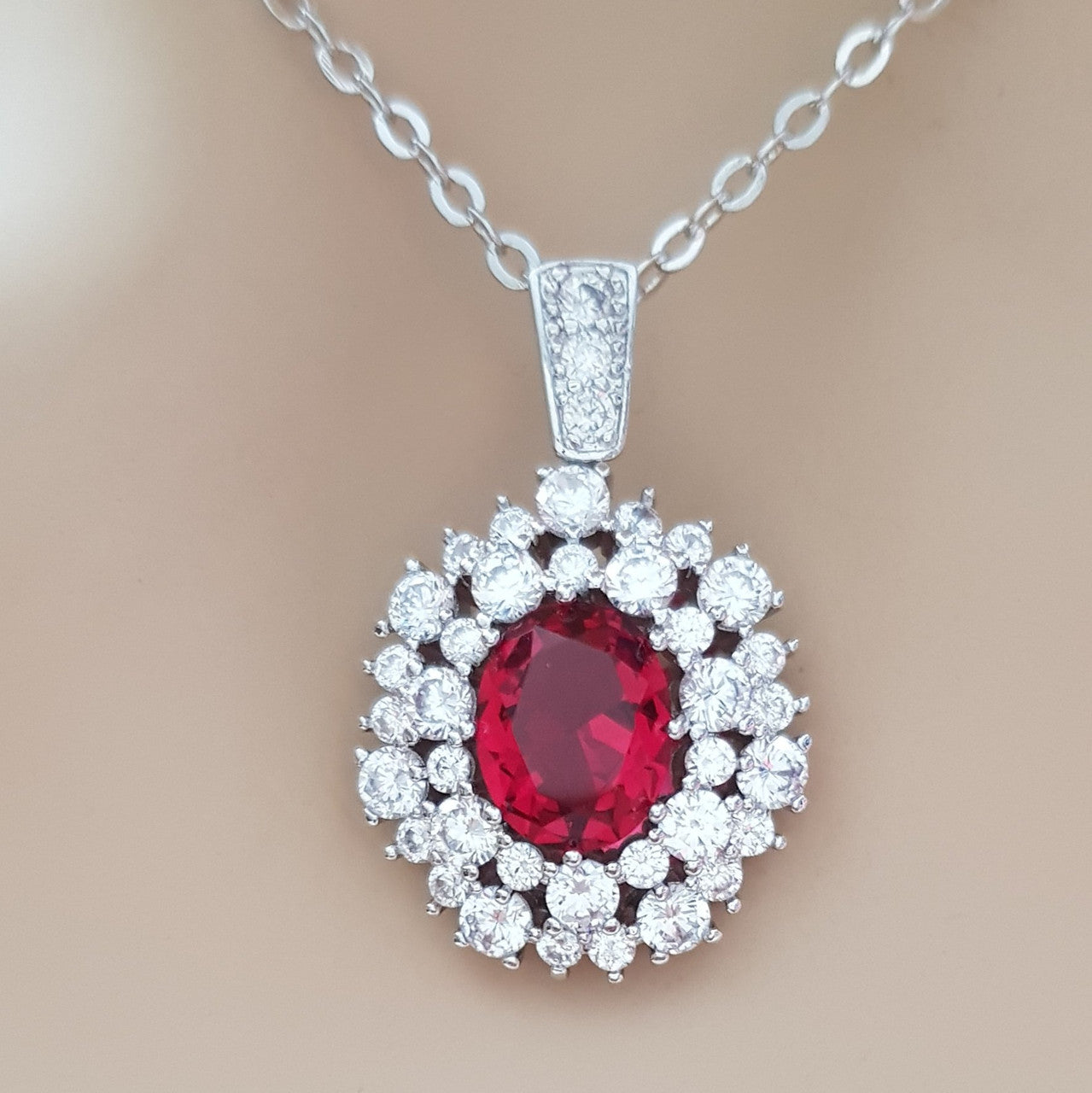 Red Stone Necklace| Large Oval Pendant in Silver & Cubic Zirconia ...
