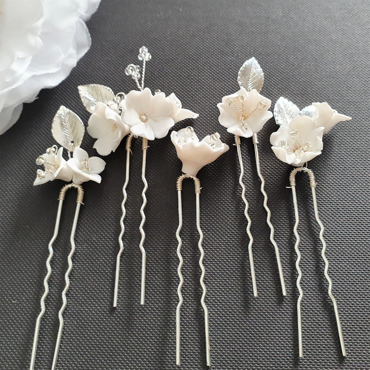 Bridal Hair Pins Set with White Flowers Set of 5 Hairpins Poetry