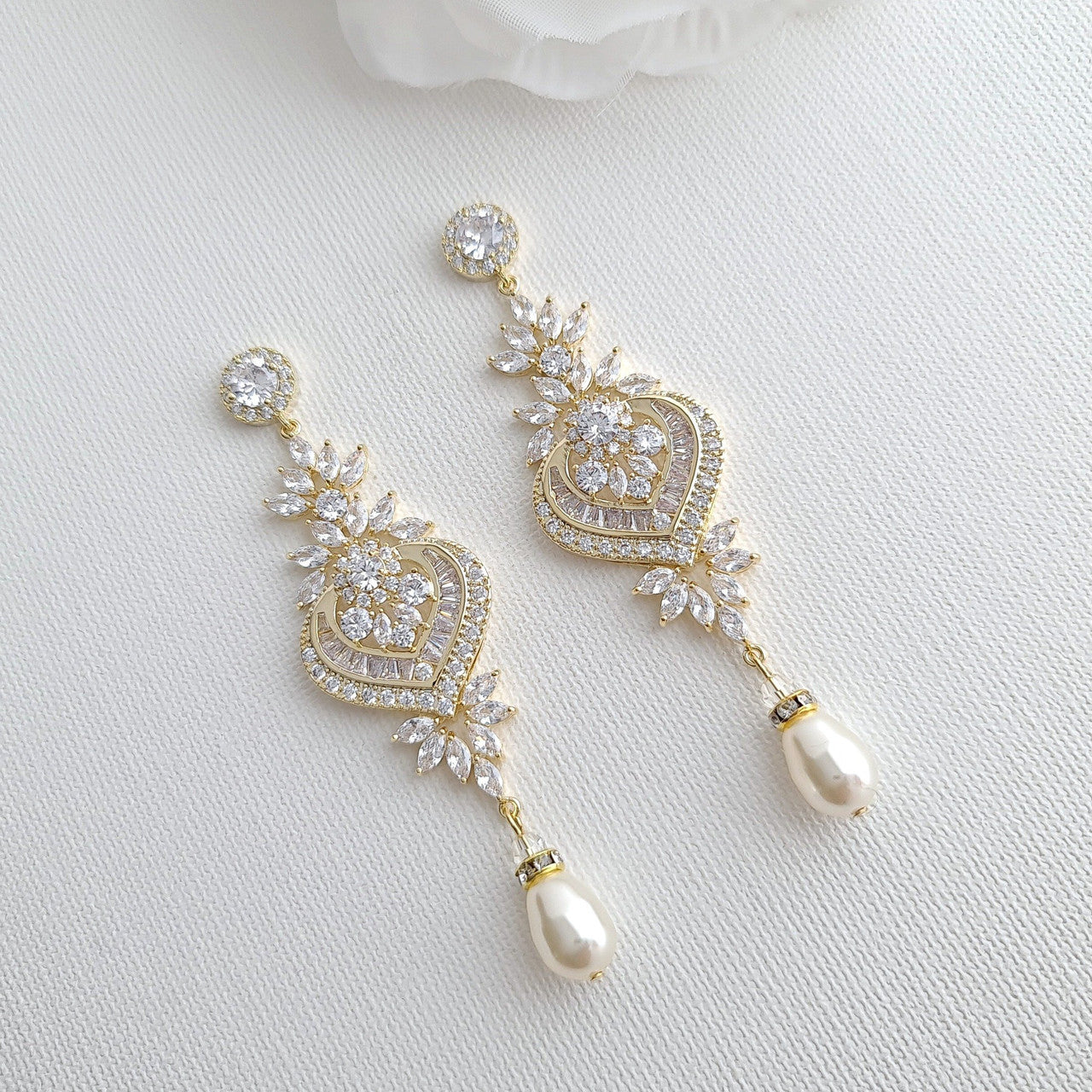 Gold teardrop crystal bridal earrings, bridal jewelry set